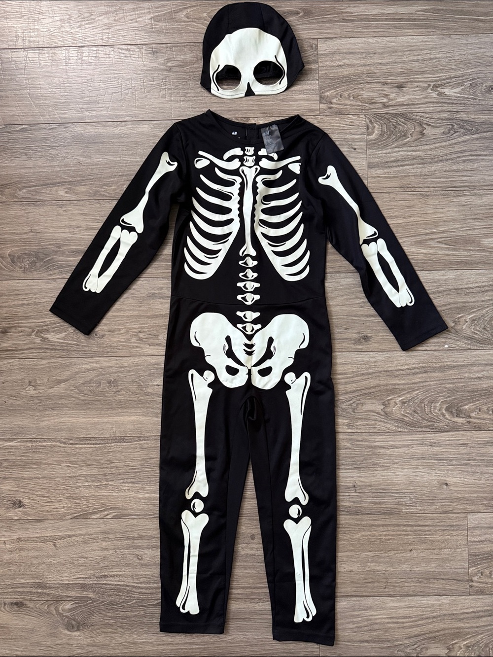 H&M Black and White Skeleton Halloween Costume Jumpsuit with Skull Mask sz 6–8 y